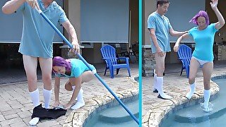 MILF in granny panties & tube socks plays with pool boy