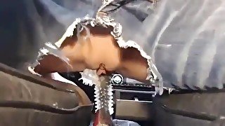 Pussy riding gear shifter with spiked rubber. Squirting in car!