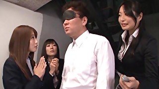 Asian boss gets his dick pleasured by his sexy coworkers. HD