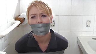 Blonde housewife in bathroom