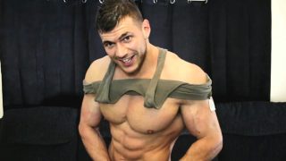 Huge oiled up bodybuilder eats cum