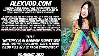 Hotkinkyjo in rainbow fishnet self anal fisting, prolapse, gape & huge dildo full in ass Sinnovator