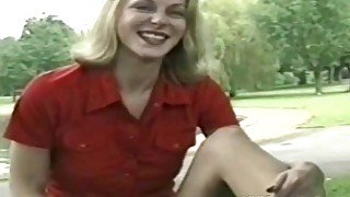 Nervous blonde milf flashing in the park