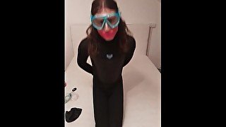 Trans Girl enjoys long Breathplay and Bondage Games in Wetsuit and Snorkel Mask until Orgasm