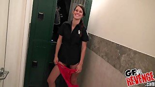 Brunette teen Tyler Michaels fucks in a locker room wearing a uniform