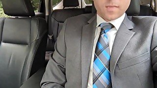 Suited hunk public car parking lot cum