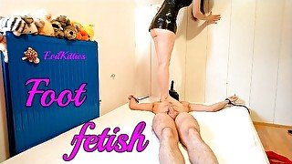 Femdom mistress tramples masked slave with sexy pale feet (foot fetish)