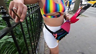 Wife under boob see through shorts at PRIDE parade