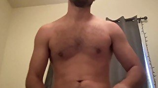 fit guy moans during stroking his big dick, has uncontrollable shaking orgasm