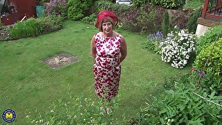 Mature granny Rosemary strips outdoors and plays with a dildo