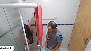 naughty old stepfather watches his stepdaughter in the shower! and made her give a blowjob, and feel