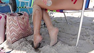 Nylon Knee High Socks On The Beach  In Public