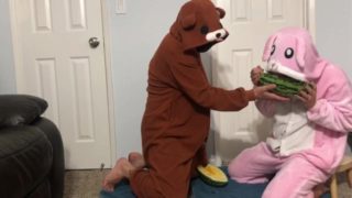 Handjob with watermelon then eats it in bunny onesie pajamas