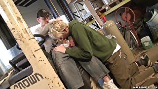 Teen gay dudes in a hardcore sucking and fucking session in a garage