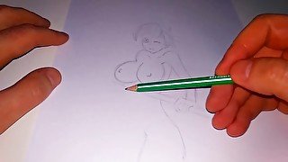 Naked Anime girl with a cool figure props up her tits with a pole