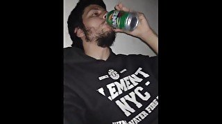 Bearded faggot drinking soda and burmping off