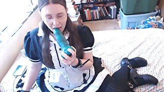 Dirty amateur maid masturbating with huge sex toy