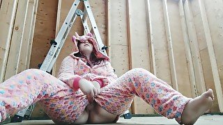 teen 18+ in onesie masturbates in construction area