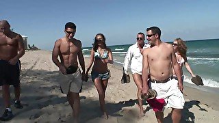 Party teen in bikini made to fuck in doggystyle & findling her small tits in MMF beach house sex