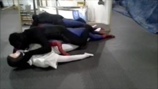 black meshed frogman vs white spandex and spiderman dummy