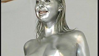 Big Booby fetish Monika completly painted silver