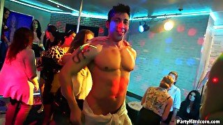 Wild fucking during a large party with handsome male strippers