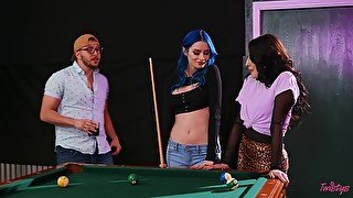 Lesbian sex on the pool table between Jewelz Blu and Aubree Valentine