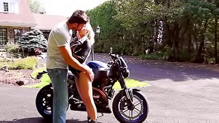 Biker chick Vyxen Steel bends over for a swollen prick