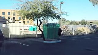 Teen swallows strangers cum in porta potty gloryhole in public parking lot