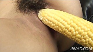 Using a corn spoiled dude polishes the wet hairy cunt of whorish Kibuki Ohtsuki