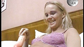 Blonde slut gets pussy dildoed and shaved by camera guy