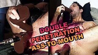 DOUBLE -- Cock-locked ass-to-mouth slut needs two dicks!