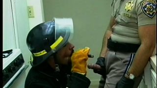 Dick-greedy fireman goes down on a hung policeman and gets a favor in return