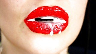 Red lips and a games with liquids and saliva! Milk and coffee! 4K -NO AUDIO-