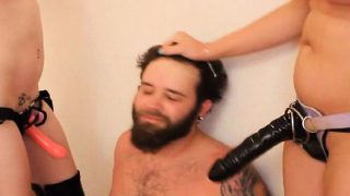 Kinky biker dude gets deeply double pegged by a blonde and a brunette