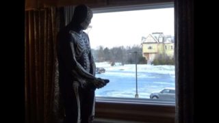 Dawn of the dead morphsuit in window cums into black rubber cock extender