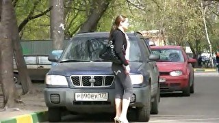 Amateur bitch Olga pees in her pants in the street