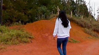 Beautiful Latin girl allows her self to get fucked in the pine forest she deep throats and squirts