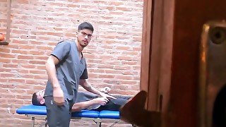 The male nurse gives him a massage and a handjob too