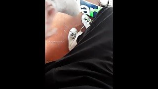 a skater jerks off a dick after a park, white socks, sneakers, feet, keds