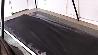 Fit nude sub male in Latex Vacuum Bed gets rubbed by sexy domme and beta sub