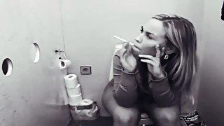 Blonde Woman Takes a Piss and Dump in a Gloryhole Bathroom