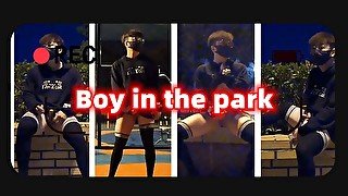 Boy in stockings masturbate in the park, fucked by a passing runner (Part 1)