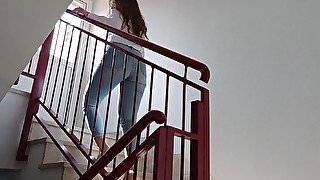 Lovely gf in jeans on her massive ass gives terrific POV blowjob