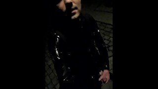 Walking around in rubber and wanking