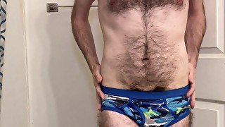 Very hairy skinny bald white guy strips naked to reveal big uncut dick