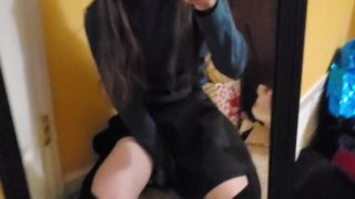 Cute Femboy Trap Riding Dildo in Front of Mirror