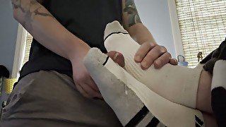 fucking my straight buds feet like he wanted and keeps watching tv! WITH cumshot and more on OF