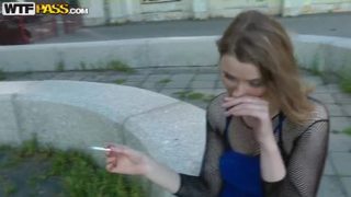 Unbelievable blonde youthful girl Green Eyes gives a magic blowjob in public