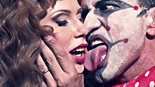 Insanely hot chick gives hot blowjob to scary clown